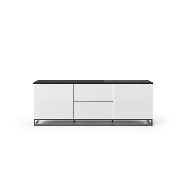 Bílý TV stolek s tmavou deskou v mramorovém dekoru s černými nohami TemaHome Join, 180 x 65 cm