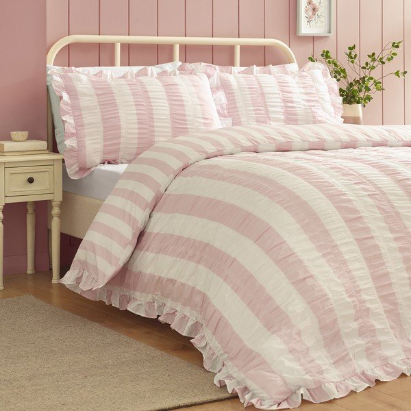 Set copripiumino e federa rosa per letto matrimoniale 3 pezzi 200x200 cm Seersucker Frill Stripe – Catherine Lansfield-image-3