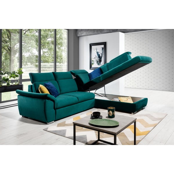Divano angolare verde allungabile/con contenitore (con penisola a destra/a L) e rivestimento in velluto Loreto – ELTAP-image-2