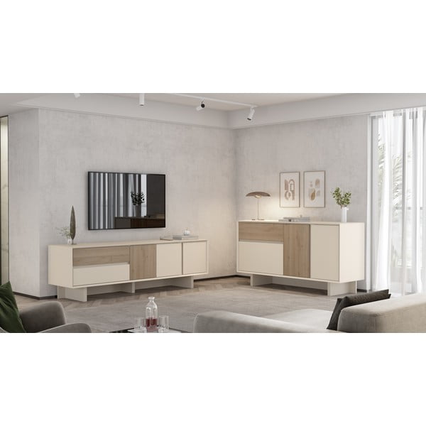 Mobile TV beige/di colore naturale con effetto rovere 180x55x45 cm Carpi – Marckeric-image-1