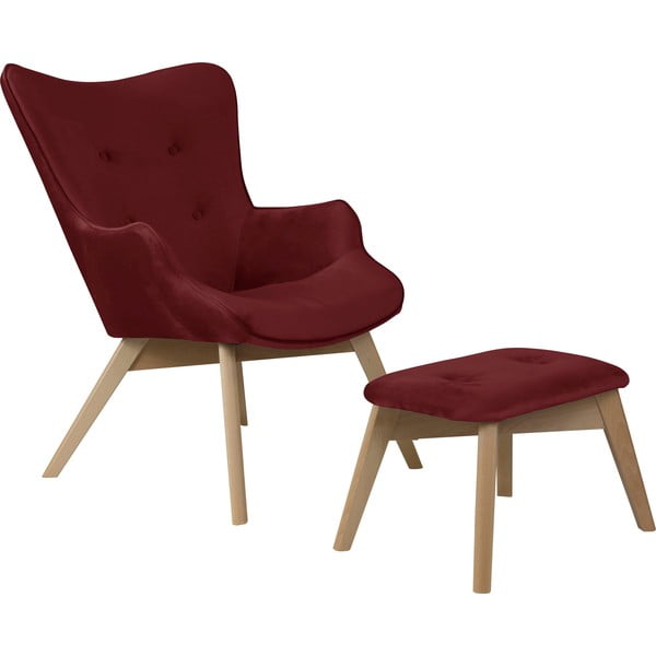 Poltrona con poggiapiedi rossa con rivestimento in velluto Niko – Ropez