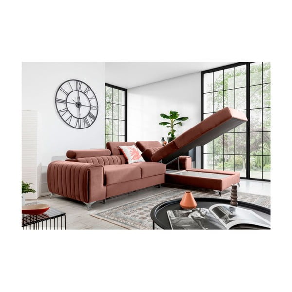 Divano angolare rosa allungabile/con contenitore (con penisola a destra/con chaise lounge) e rivestimento in velluto Grayson – ELTAP-image-3