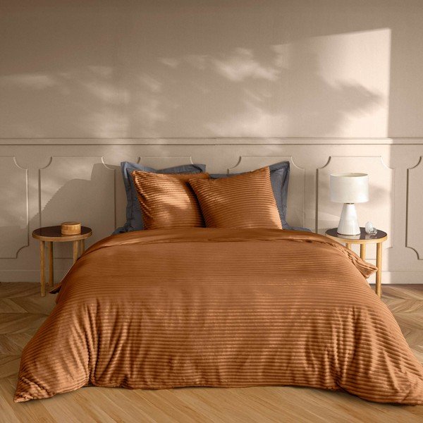 Set copripiumino e federa marrone chiaro in flanella per letto matrimoniale/per letto esteso 3 pezzi 240x220 cm Veloutea – douceur d'intérieur-image-1