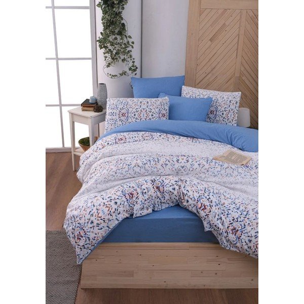 Lenzuola matrimoniali allungate bianche e blu con lenzuolo 200x220 cm Geometric - Mila Home-image-1