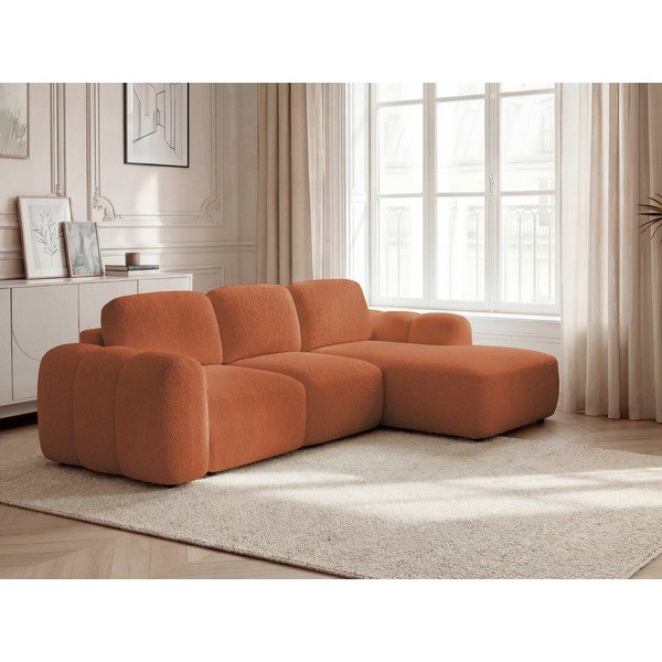 Divano angolare arancione allungabile/con contenitore (con penisola a destra/con chaise lounge) con rivestimento in bouclé Montaigne – Bobochic Paris-image-1
