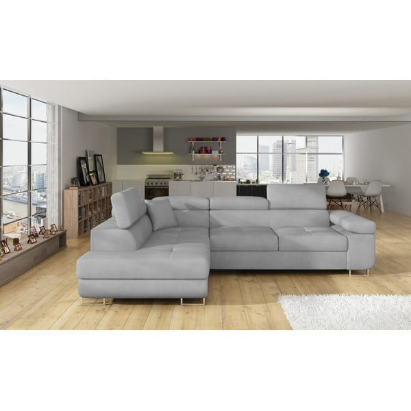 Divano angolare grigio chiaro allungabile/con contenitore (con penisola a sinistra/a L) e rivestimento in velluto Anton – ELTAP-image-1