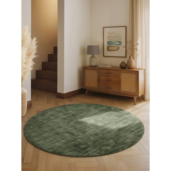 Tappeto rotondo verde in viscosa tessuto a mano ø 120 cm Noemi – Vikosa-image-1