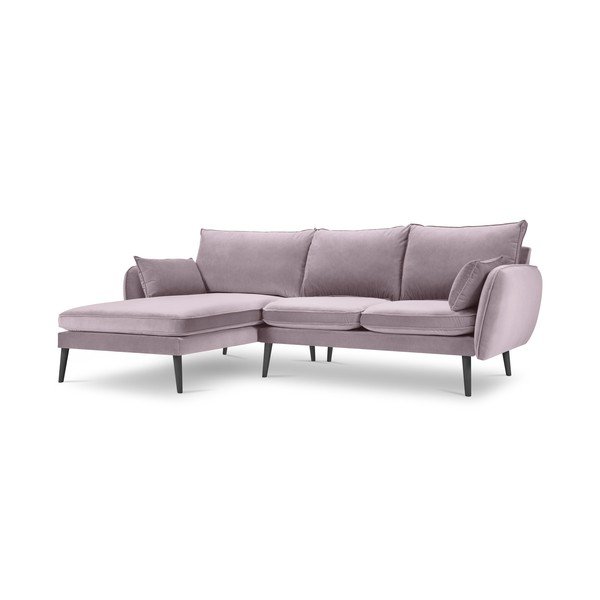 Divano angolare in velluto rosa chiaro con gambe nere, angolo sinistro Lento - Kooko Home-image-2