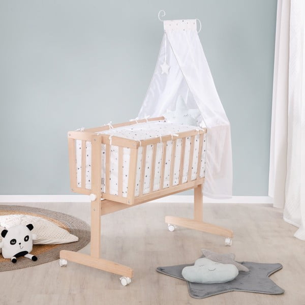 Culla di colore naturale in faggio massiccio con ruote e baldacchino 40x90 cm – Roba-image-4