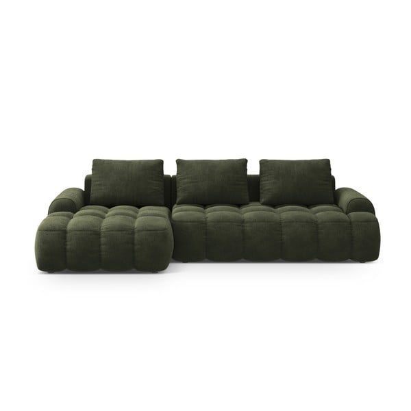 Divano angolare verde allungabile/con contenitore (con penisola a sinistra/con chaise lounge) con rivestimento in velluto Linz – Cosmopolitan Design