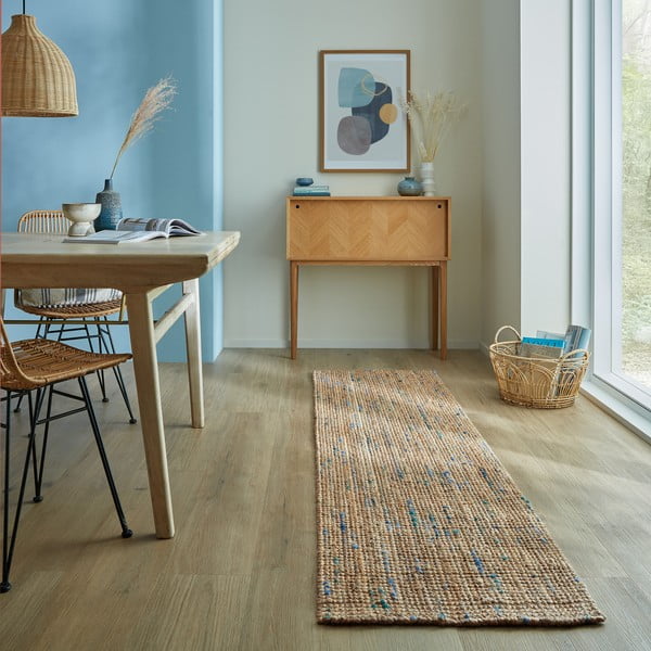 Passatoia blu/di colore naturale in iuta tessuta a mano 60x300 cm Jute Boucle Blue – Flair Rugs-image-1