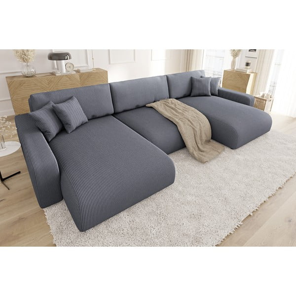 Divano angolare grigio scuro allungabile/con contenitore (a U) con rivestimento in velluto a coste Sara – Ropez-image-3