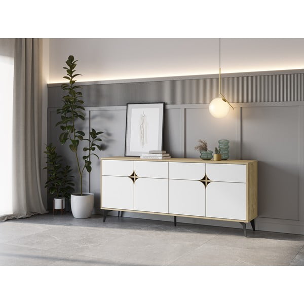 Cassettiera bassa in rovere decorata in bianco e naturale 185x79 cm Nola - Marckeric-image-1