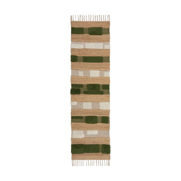 Passatoia in misto juta tessuta a mano in verde-naturale 60x230 cm Medina Blocks - Flair Rugs