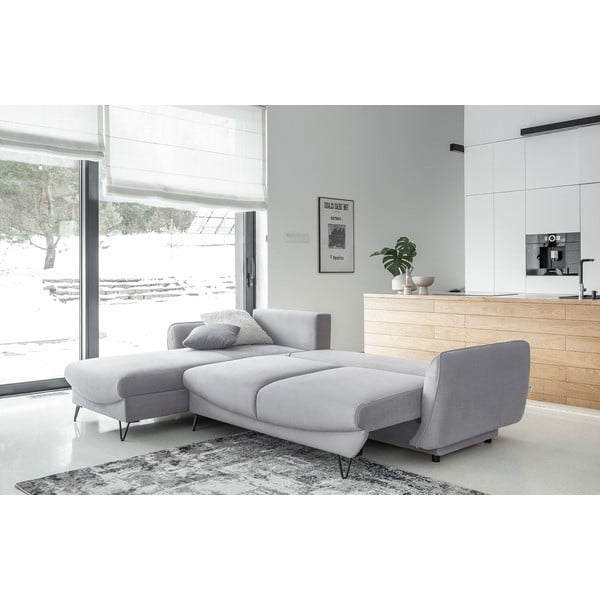 Divano angolare grigio chiaro allungabile/con contenitore (con penisola a sinistra/con chaise lounge) e rivestimento in velluto Silva – ELTAP-image-2