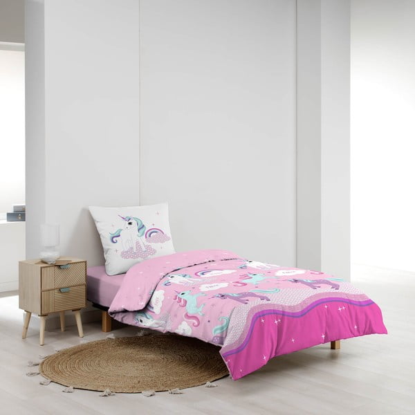 Set copripiumino e federa da bambini rosa in cotone per letto singolo 140x200 cm Licorne – douceur d'intérieur-image-1