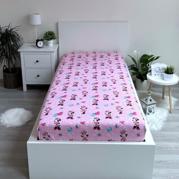 Lenzuolo con angoli per bambini rosa in cotone 90x200 cm Minnie "Flowers" – Jerry Fabrics-image-1