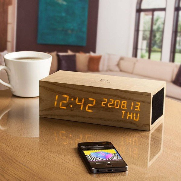 Diffusore Click Clock in quercia con sveglia a LED arancione - Gingko-image-1