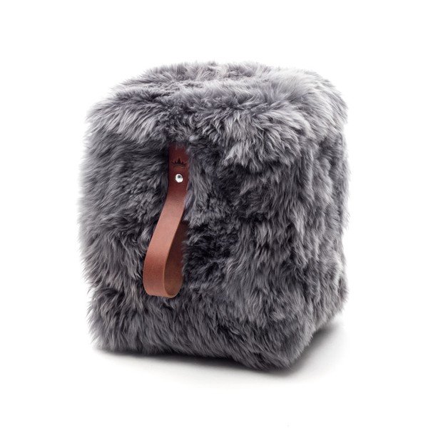 Pouf in pelle di pecora grigia con passante marrone , 45 x 45 cm - Royal Dream
