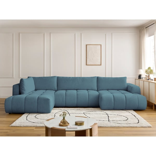 Divano angolare blu allungabile e con contenitore (penisola a sinistra/a U) con rivestimento in ciniglia Fuji – Bobochic Paris-image-1