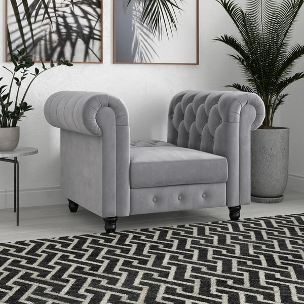 Poltrona chesterfield grigio chiaro in velluto Felix - Støraa-image-1