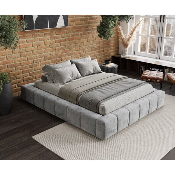 Letto matrimoniale imbottito grigio chiaro con spazio contenitivo e rete 180x200 cm Aruba L - Maison de Rêve-image-1