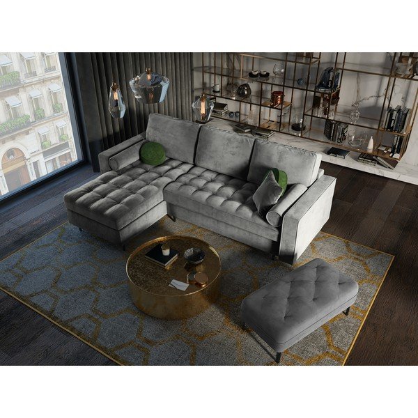 Divano letto angolare in velluto grigio chiaro, angolo sinistro Santo - Milo Casa-image-1