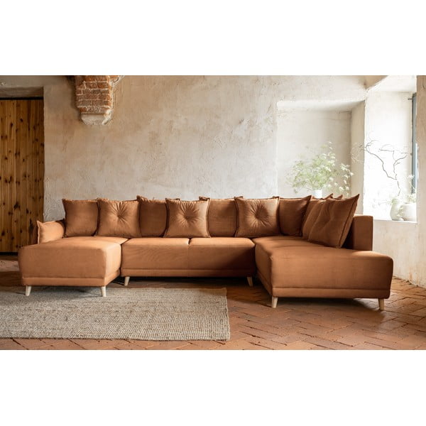 Divano letto angolare in velluto a coste color mattone (angolo destro a forma di U) Lazy Lukka - Miuform-image-1