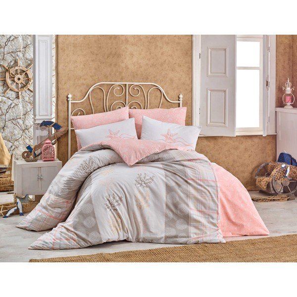 Lenzuola in cotone rosa chiaro e panna per letto matrimoniale con lenzuolo e copriletto 240x260 cm Fulvia - Mijolnir