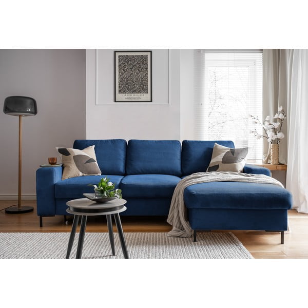 Divano letto angolare in velluto a coste blu scuro (angolo destro) Lofty Lilly - Miuform-image-4