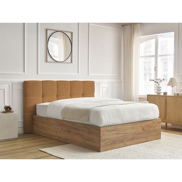 Letto matrimoniale imbottito/in truciolato giallo ocra imbottito con contenitore con rete inclusa 160x200 cm Kumo – Bobochic Paris-image-2