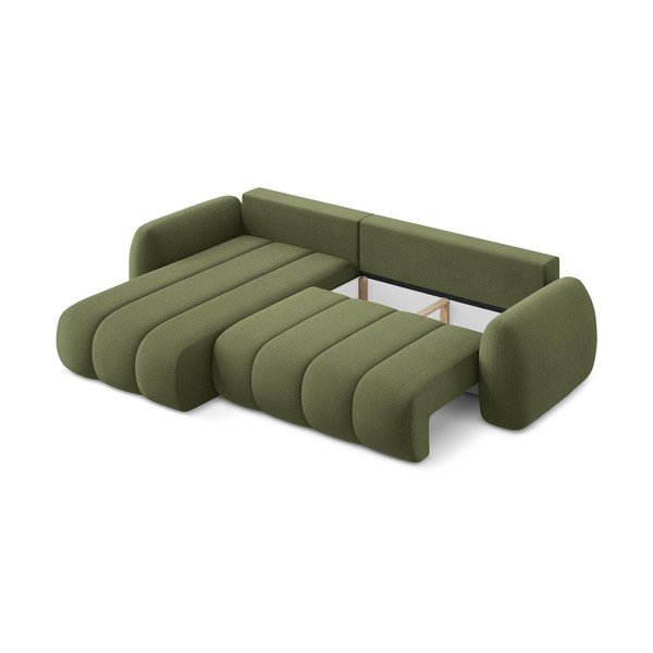 Divano angolare verde allungabile/con contenitore (con penisola a sinistra/con chaise lounge) con rivestimento in bouclé Pele – Makamii-image-3