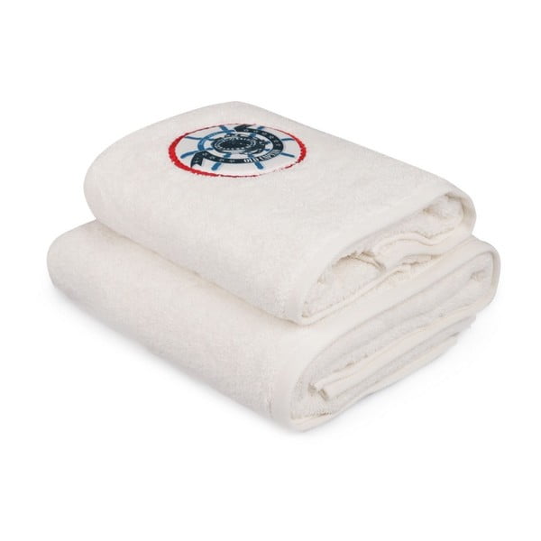Set di asciugamani e teli da bagno bianchi con dettagli in colore Old Captain - Foutastic