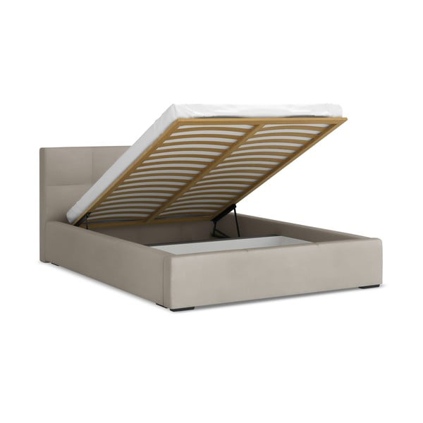 Letto matrimoniale imbottito grigio tortora in velluto con contenitore con rete inclusa 140x200 cm Hiko – Makamii-image-1