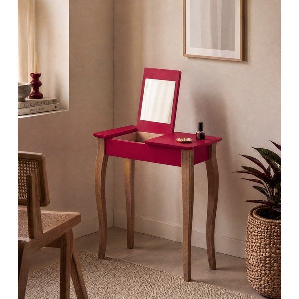 Comodino rosso con specchio, larghezza 65 cm Lillo - Ragaba-image-1