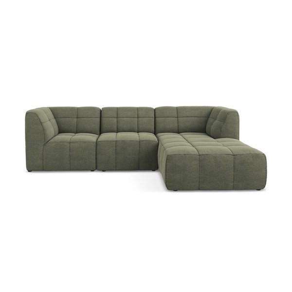 Divano angolare verde (con penisola a destra/con chaise lounge) con rivestimento in bouclé Aloha – Makamii