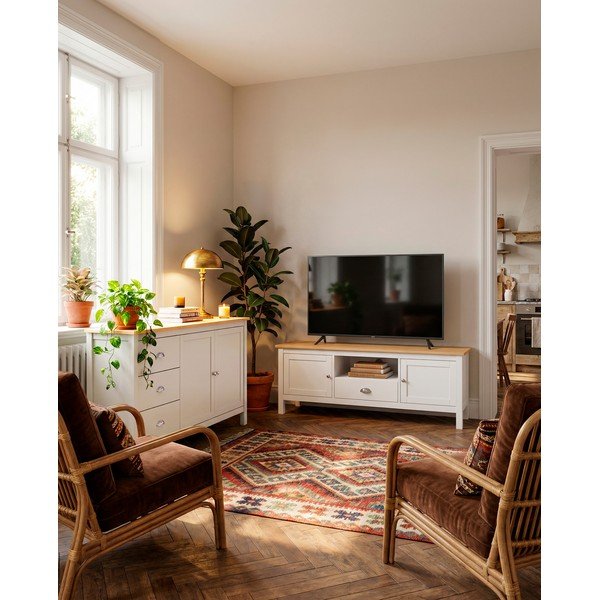 Tavolo TV in pino bianco/naturale 158x53 cm Misti - Marckeric-image-1