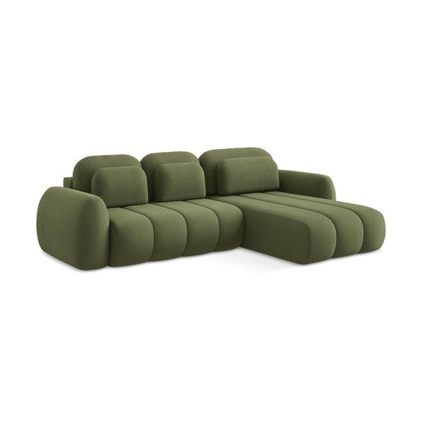 Divano angolare verde allungabile/con contenitore (con penisola a destra/con chaise lounge) con rivestimento in bouclé Pele – Makamii-image-1