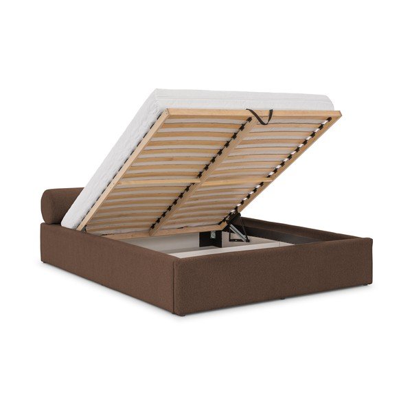 Letto matrimoniale imbottito marrone con contenitore con rete inclusa 200x200 cm Cille – Ropez-image-2