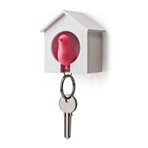 Budka s klíčenkou QUALY Sparrow, bílá budka/růžový ptáček