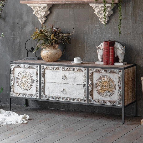 Tavolo TV in legno di abete in colore naturale 135x55 cm Jaipur - Burkina-image-1