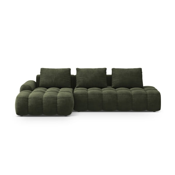 Divano angolare verde allungabile/con contenitore (con penisola a sinistra/con chaise lounge) con rivestimento in velluto Linz – Cosmopolitan Design