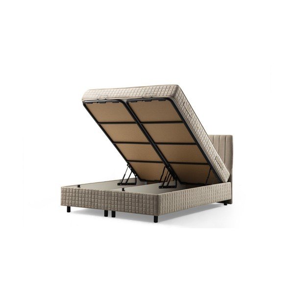 Letto matrimoniale beige imbottito con spazio contenitivo con rete inclusa 140x200 cm Safir – Kalune Design-image-2