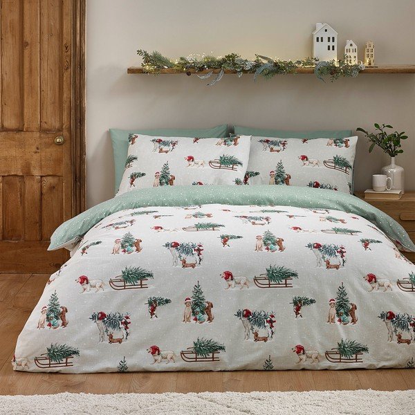 Set copripiumino e federa verde/di colore naturale in flanella per letto matrimoniale 200x200 cm Brushed Christmas Dogs – Catherine Lansfield