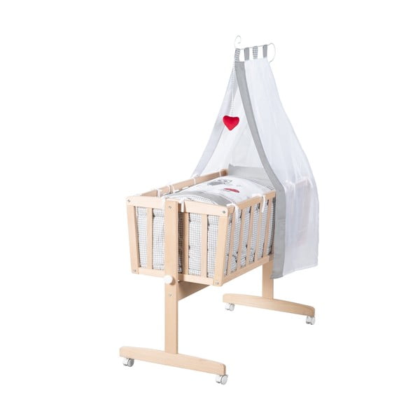 Culla di colore naturale in faggio massiccio con ruote e baldacchino 40x90 cm Adam and Owl – Roba