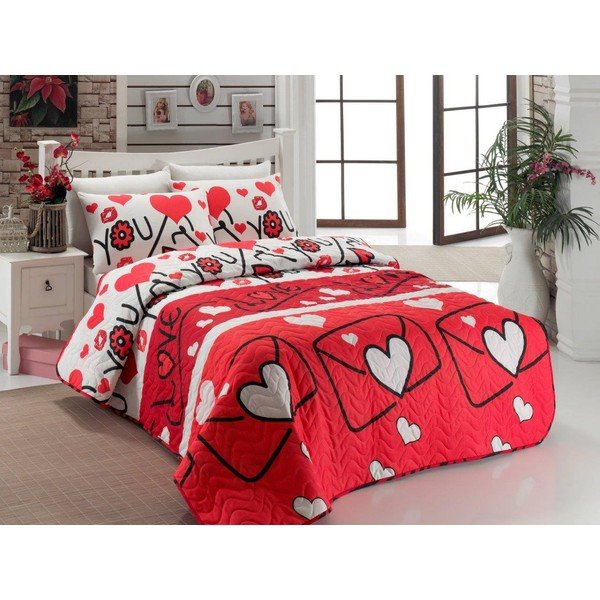 Lehká přikrývka na dvoulůžko s povlakem na polštáře Lovestory Red, 200 x 220 cm