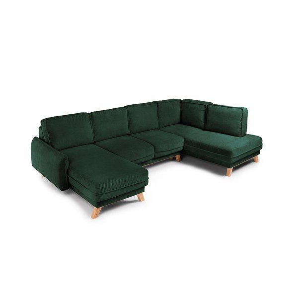 Divano angolare verde scuro allungabile/con contenitore (con penisola a destra/a U) con rivestimento in velluto a coste Tori – Bonami Selection-image-1