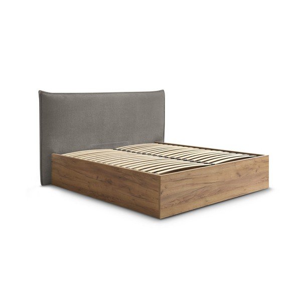 Letto matrimoniale imbottito/in truciolato grigio/grigio tortora imbottito con contenitore con rete inclusa 180x200 cm Charlie – Bobochic Paris