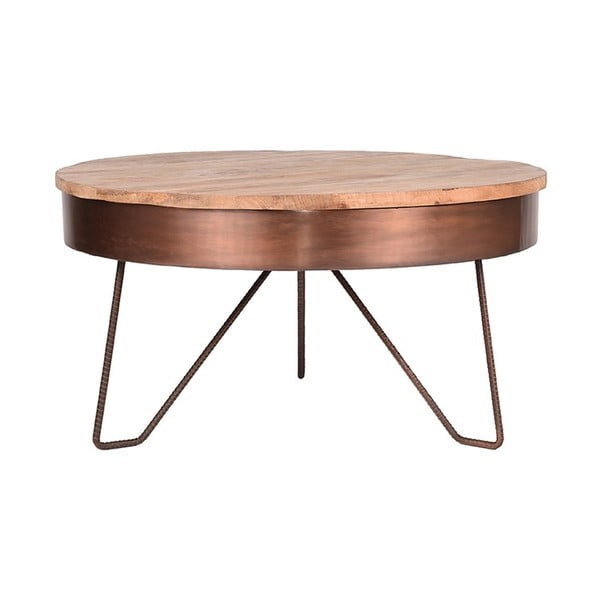 Tavolino in rame con piano in legno di mango , ⌀ 80 cm Saran - LABEL51