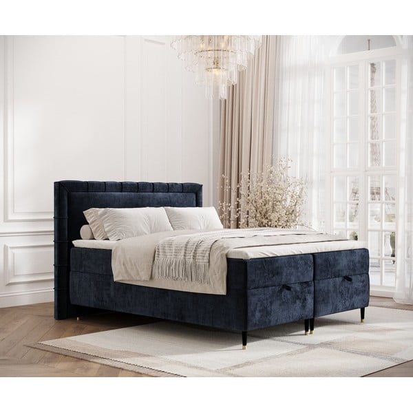 Letto boxspring blu scuro con spazio contenitivo 200x200 cm Voyage - Maison de Rêve-image-1
